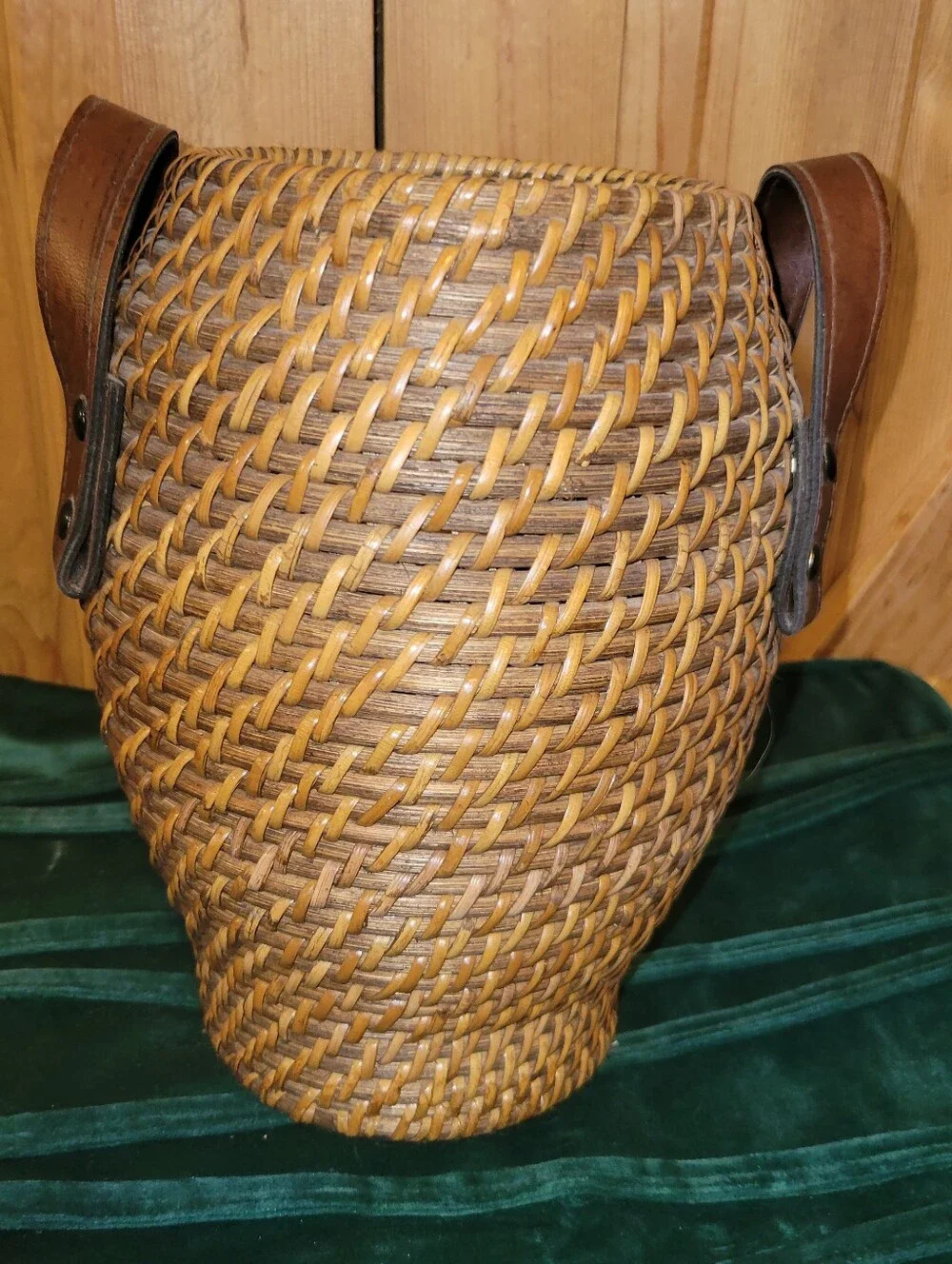 Vintage Lidded Rattan Urn Basket Floor Vase w/ Leather Handles Boho